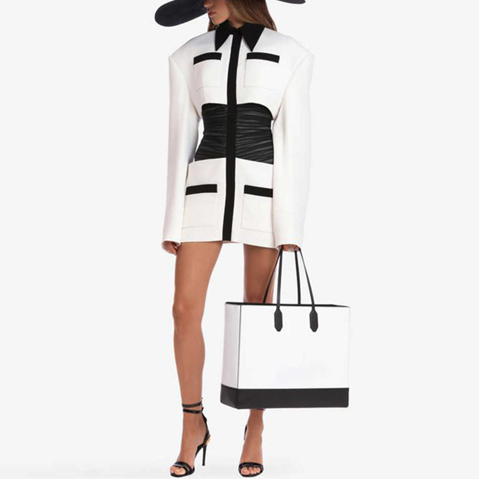 Ladies Vestidos Lapel Fashion Long-Sleeved Pleated Slim Waist Mini Stitching Tight Sexy Party Dress 210525