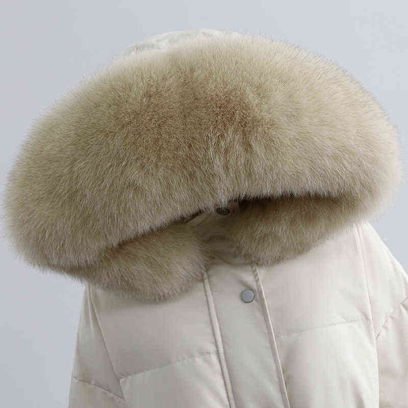 Fi Winter Large Natural Fur Collar Hooded Jacket Women with Belt Thickness Snow Warm Parkas 90% White Duck Down Loose Coat 211221wtt