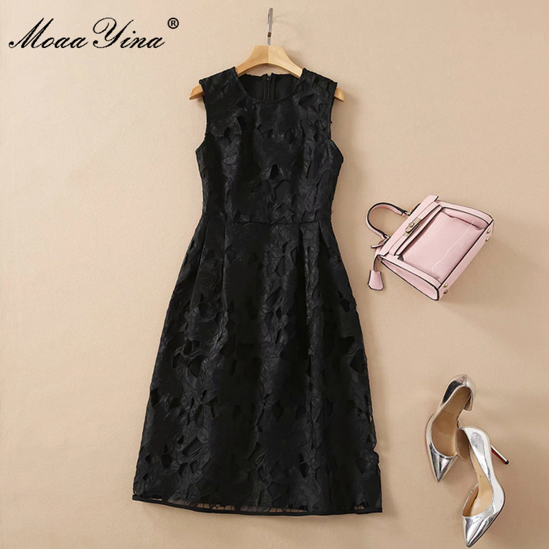 Summer Runway Elegant Party Dress Women's O-Neck Sleeveless Fashion White/Black Hollow Embroidery Vintage Mini 210524