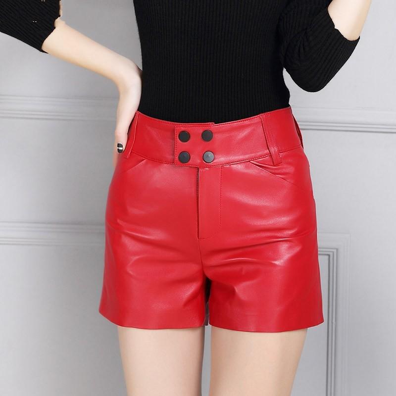 Fashion Sheepskin Leather Shorts Femme Winter Wide Leg Zipper Short Pants Red Black Office Lady Top Quality Trousers Women Women's