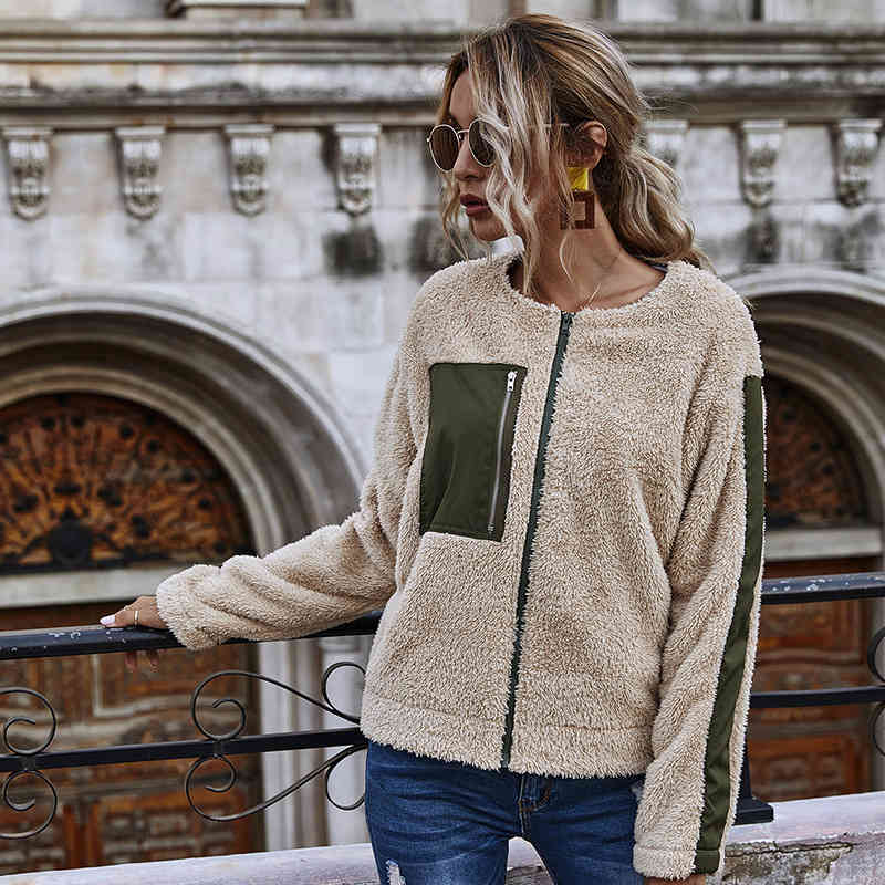 Autumn Winter Teddy Cashmere Short Jacket New Casual Pocket Patchwork Plush Jacket Coat Female Office Lady 210413