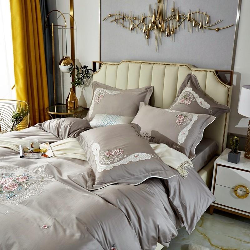 Premium Egyptian Cotton Floral Embroidery Bedding Set Yellow Grey Vintage Duvet Cover Bed Sheet Pillowcases Queen King Size 4Pcs Sets