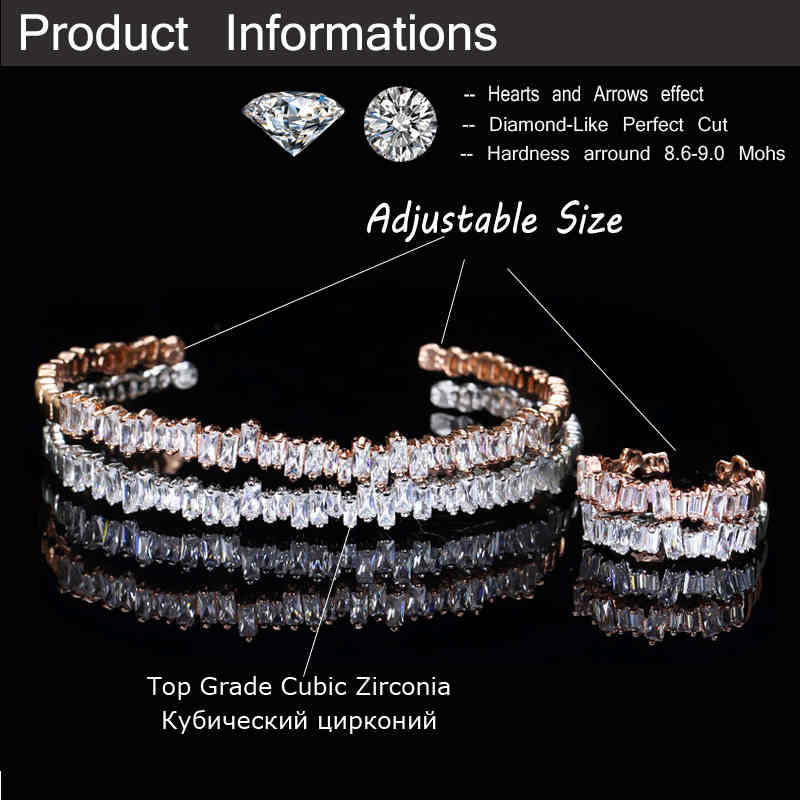 Cwwzircons Fashion Rose Gold Color Baguette Cubic Zirconia Cuff Bracelet Bangle and Ring Sets Best Friend Jewelry Gift T170