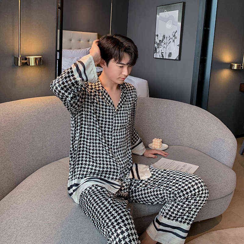 QSROCIO Silk Like Houndstooth Women's Pajamas Set Fashion Style Female Couple Sleepwear Home Clothes for Men Nightwear Pyjama 220114