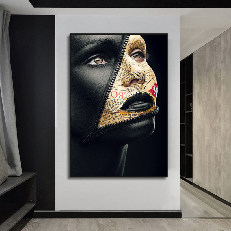 Black Woman Abstract Art Posters and Prints Zipper On Face Surrealistic Canvas Painting Modern Wall Art Pictures for Home Design