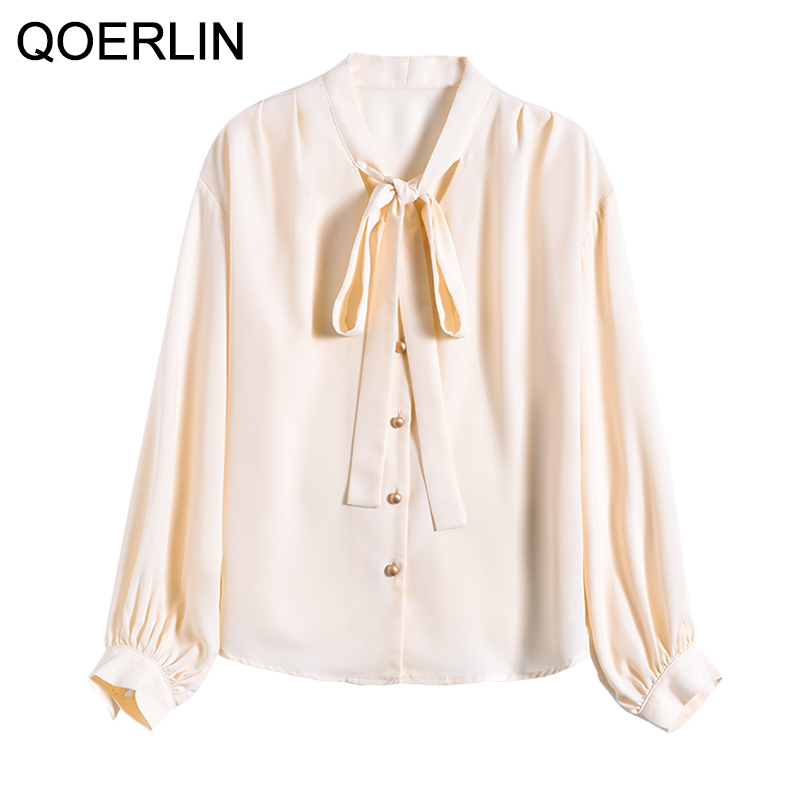 QOERLIN Chiffon Womens Blouse Elegant Spring Button Shirts Summer Bowtie Long Sleeve Solid Shirts Female Office Lady Tops 210412