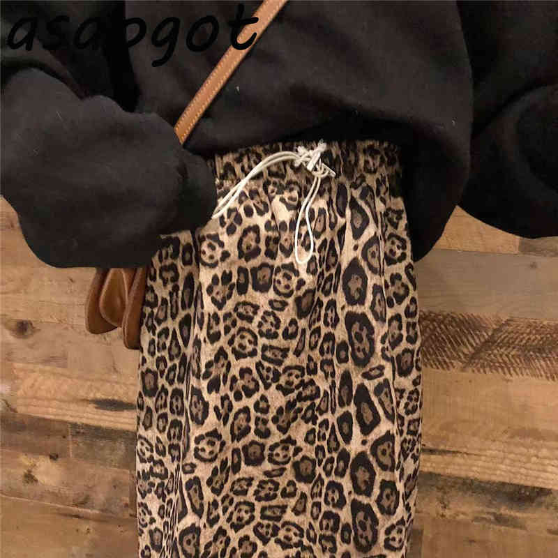 Retro Elastic Waist Side Split Leopard Skirt Women Autumn A Line Slim Faldas Mujer Moda Chic High Street Fashion Temperament 210429