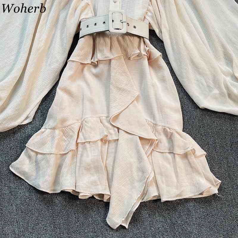 Korean Lantern Sleeve Women Dresses Irregular Ruffle Patchwork Vestidos Summer Robe Belt Slim Waist Sweet Mini Dress 210519