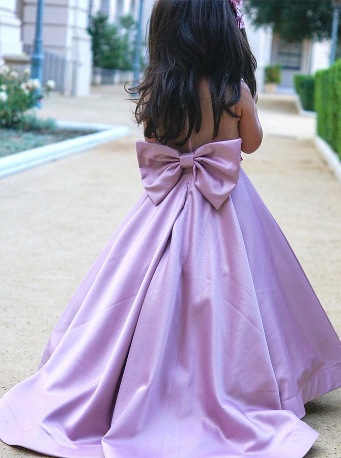 Purple Flower Girls Dress 3D Floral Lace Appliques Children Birthday Party Dresses A Line Wedding Prom Formal Wear