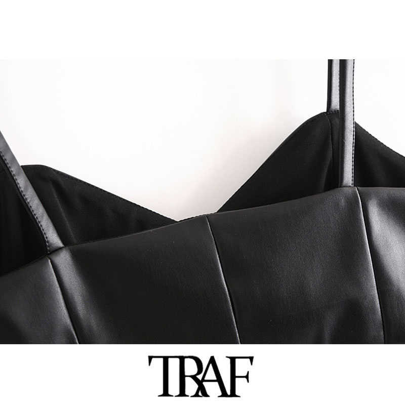 TRAF Women Sexy Fashion Faux Leather Cropped Tank Top Vintage V Neck Side Zipper Wide Straps Female Camis Chic Tops 210625