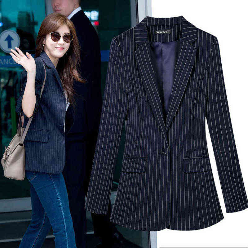 Fashion Striped Printed Blazer Women Spring Casual Long Sleeve Coat Korean Style Single Button Feminino Blue 211122