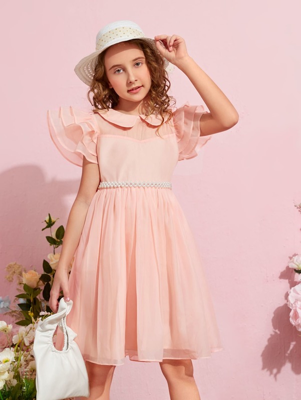 Girls Peterpan Collar Pearls Beaded Layered Sleeve Dress SHE