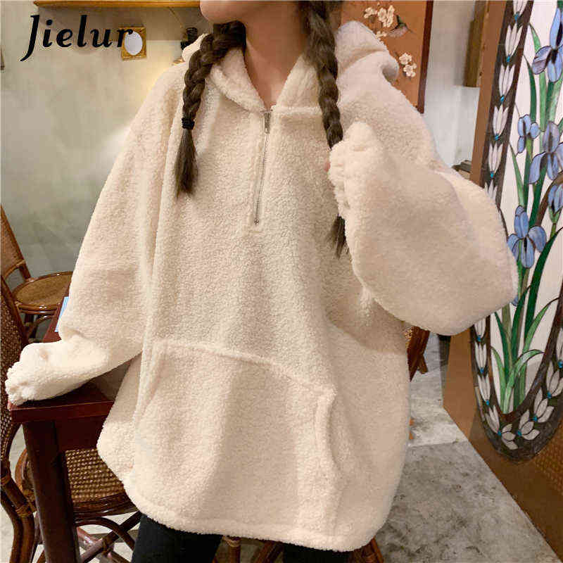 Jielur Lamb Cashmere Winter Women Hoodies Sweatshirt Fashion Warm Pockets Zipper Hooded Apricot Gray Pink Pullover M-XL 211109