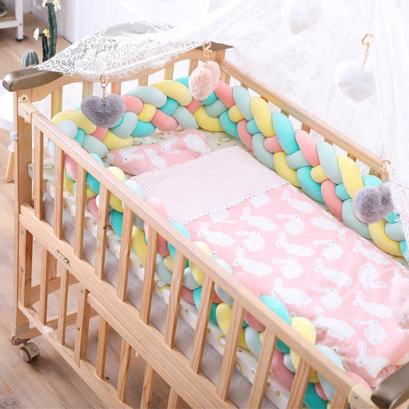 Four-color Baby Knot Bed 2.2M Baby Handmade Nodic Knot born Bed Bumper Tour De Lit Bebe Tresse Baby Bed Bumper Knot Crib 211025