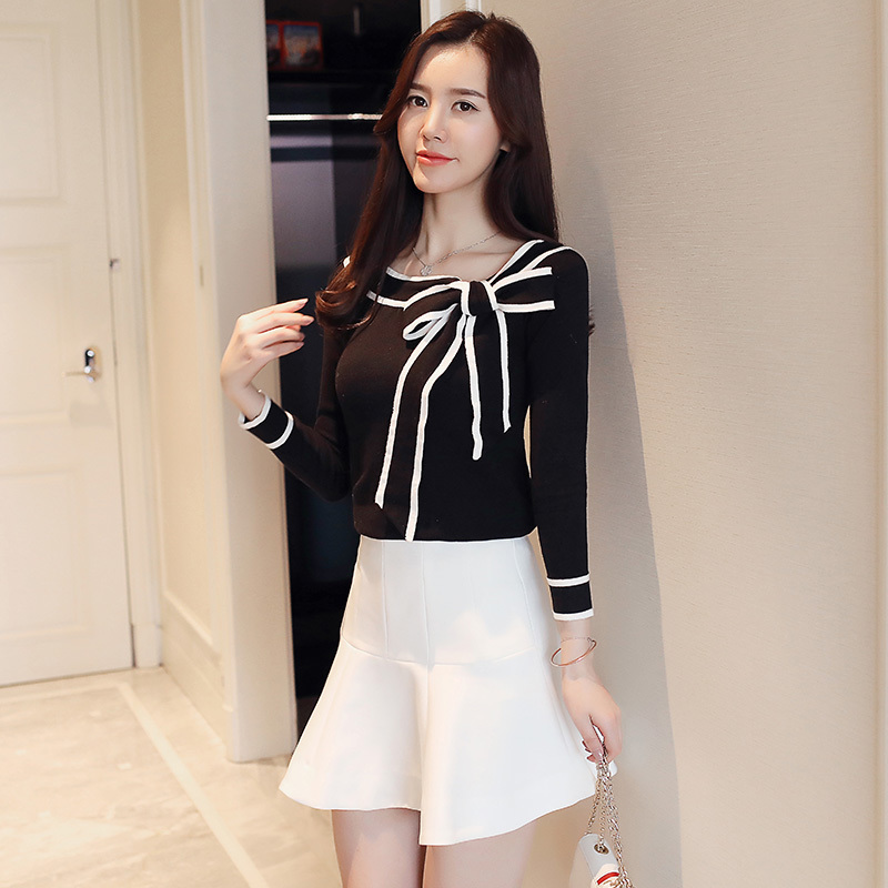 Women Knitted Shirts Bow Blouse Spring Bottoming Shirt Elegant Fashion Black Long Sleeve Blouses Blusas Mujer Ladies Tops 8024 210506