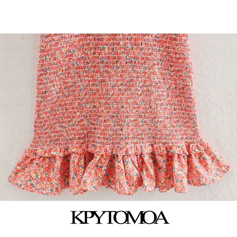 Women Chic Fashion Floral Print Elastic Smocked Mini Sheath Dress V Neck Ruffled Female Dresses Vestidos 210420