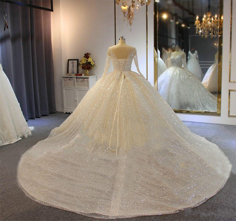 Sparkling Ball Gown Wedding Dresses Sheer Jewel Neck Appliqued Sequins Long Sleeves Lace Bridal Gowns Custom Made Abiti Da Sposa Dress 0431