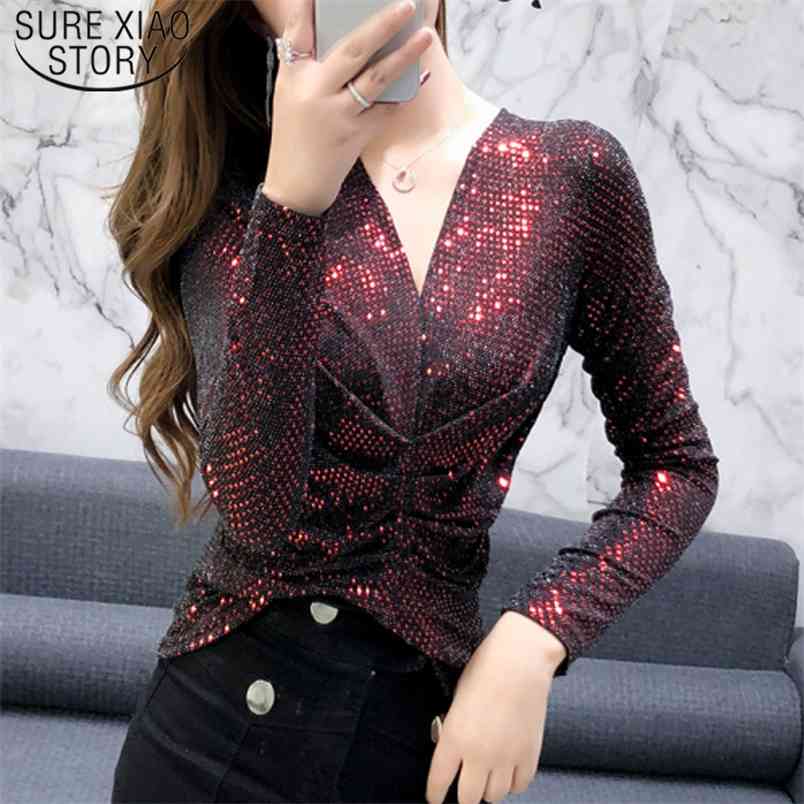 Korean Sexy Fashion Long Sleeve Bright Sequins Clothes Backing Slim Women Shirts Tight Tops and Blouses 8494 50 210506