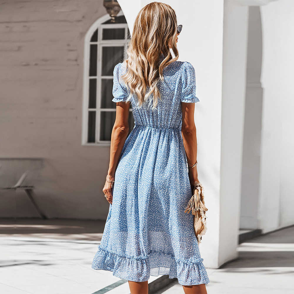 Women Chiffon Long Dress Floral Printed Short Sleeve A-line Maxi Vestidos Summer Elegant Vintage V Neck Ruffle Beach Dresses 210526
