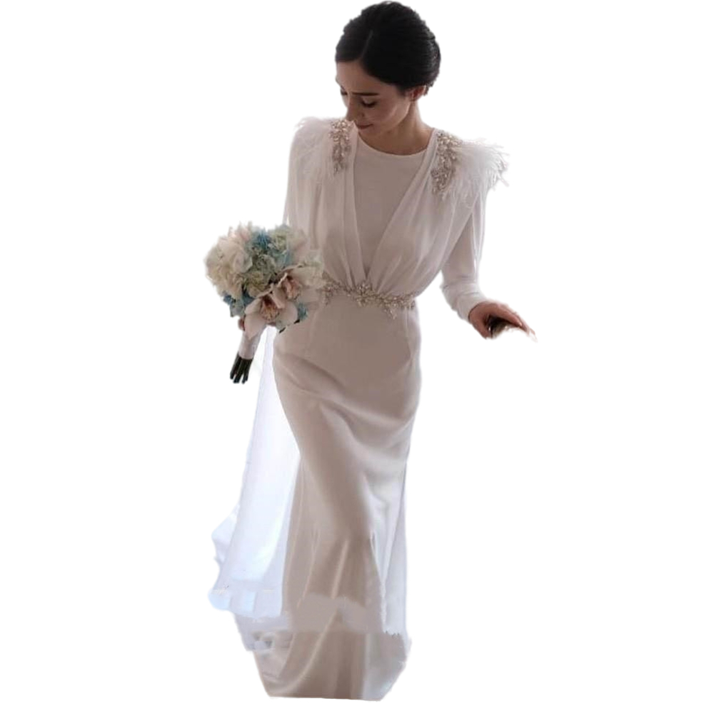Elegant Kaftan Satin Mermaid Wedding Dresses With Cloak Beaded Sashes Long Sleeves Buttons Princess Skirt Bridal Gowns Vestidos De Noiva Feather Recep