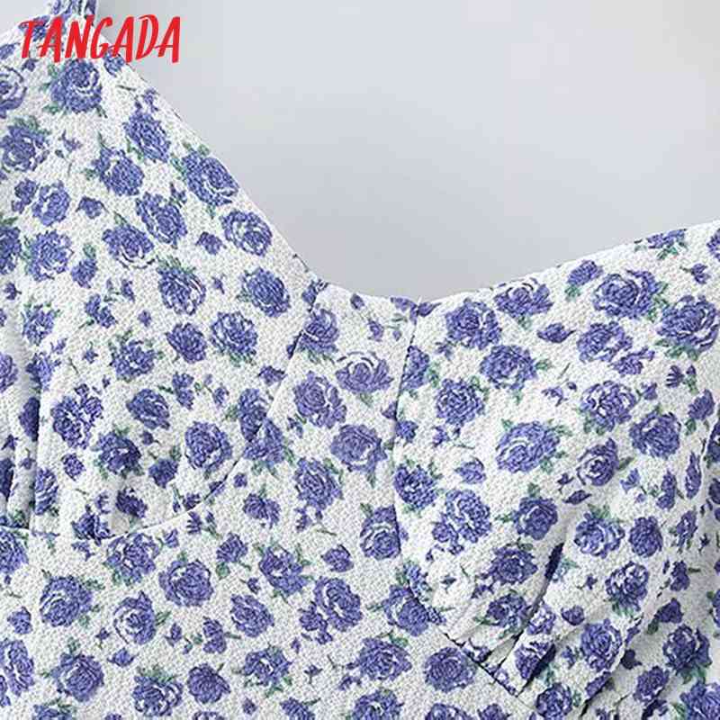 Summer Women Blue Floral Print Mini Strap Adjust Ladies Dress Vestidos 2M145 210416