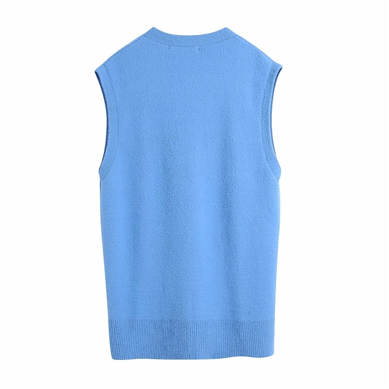 Streetwear Women Blue Sweater Vest Fashion Ladies V-Neck Knitted Tanks Causal Female Chic Diamdons Button Cardigans 210430