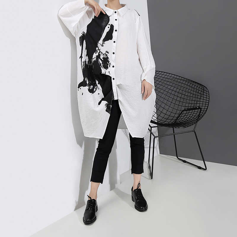 Korean Style Woman Long Sleeve White Print Shirt Dress Painting Plus Size Straight Girls Casual Midi Dress Loose Robe Femme 5459 210630