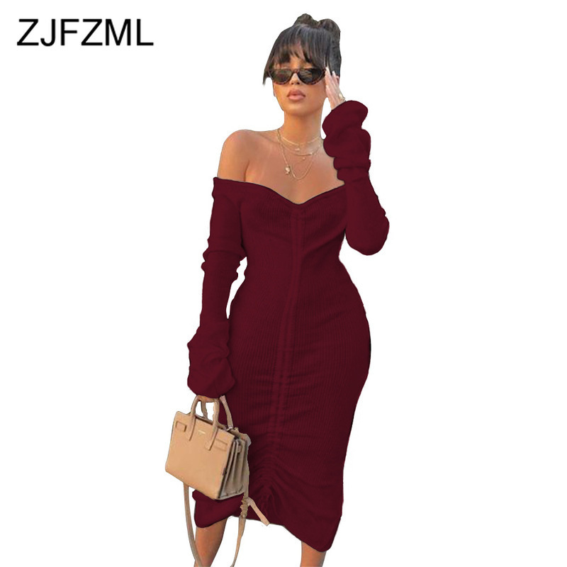 Front Drawstring Sexy Bandage Dresses Women White Slash Neck Long Sleeve Club Party Dress Autumn Winter Off Shoulder Maxi Dress 210409