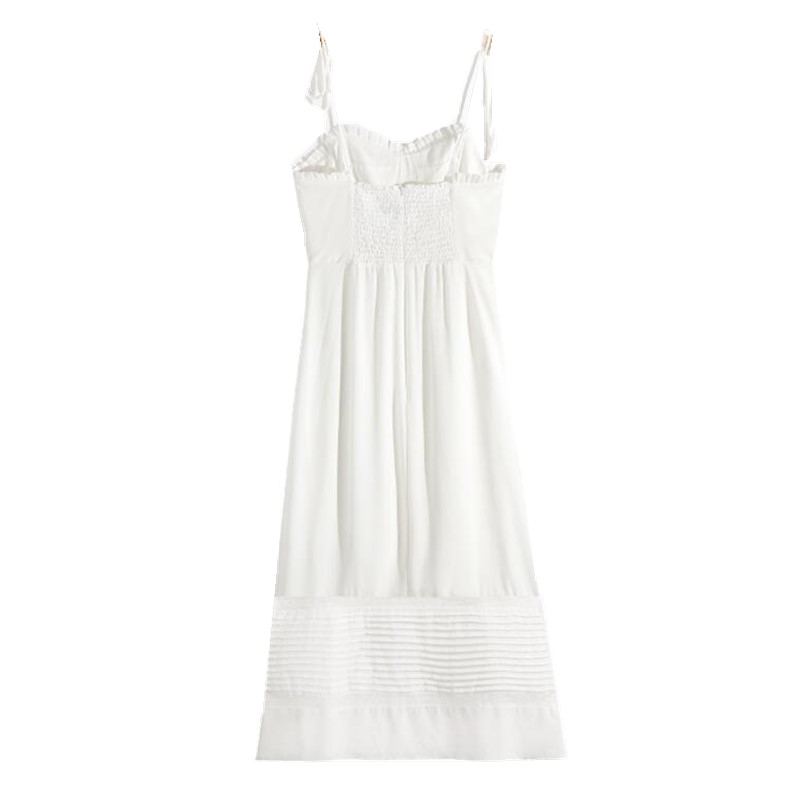 Vintage France Wood ears V neck Solid White Spaghetti Strap Midi Dress Sexy Women Spliced Lace Elastic Back Sling Tea Dresses 210429