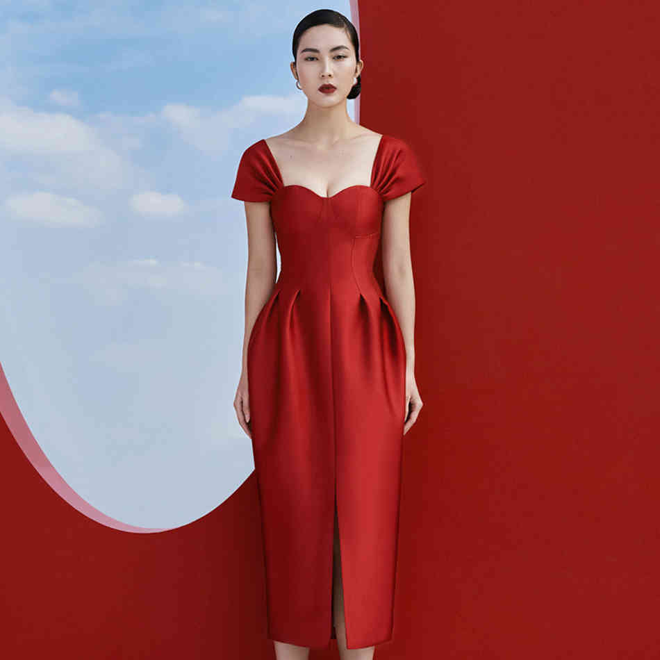 Summer Fashion Red Club Midi Dress For Women Sexy Short Sleeve Elegant Celebrity Evening Runway Party Lady 210423