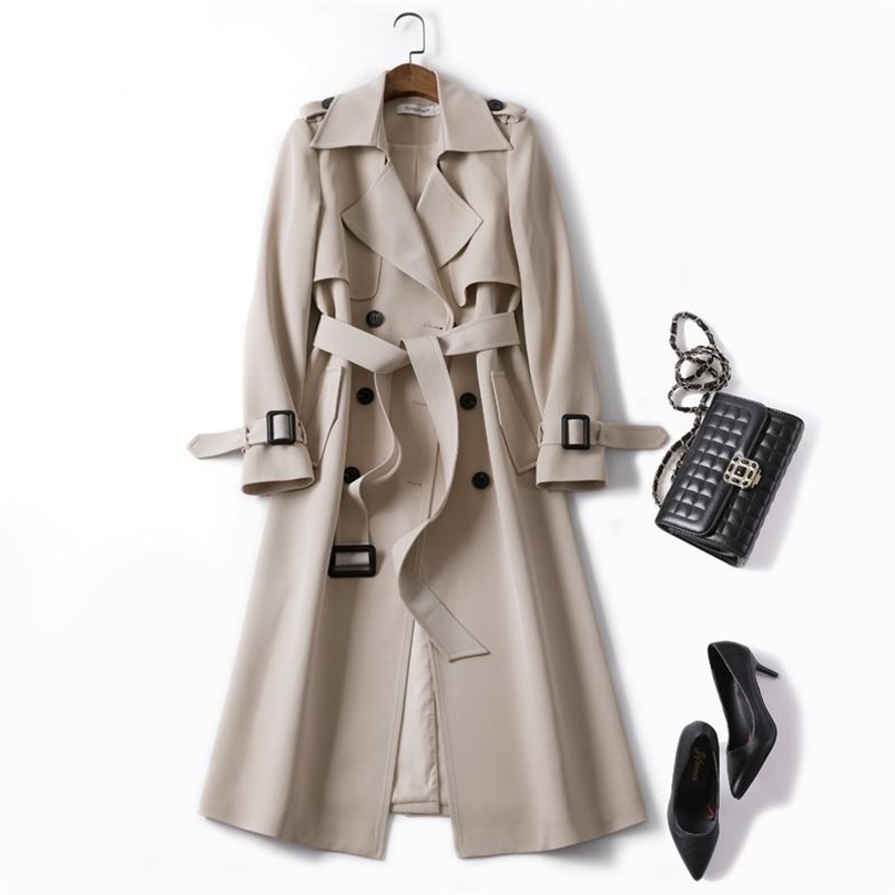 Women's Long Trench Coats Lapel Double Breasted Slim Windbreaker Korean Elegant Belted Solid Coat Ladies Autumn Outwear 210820