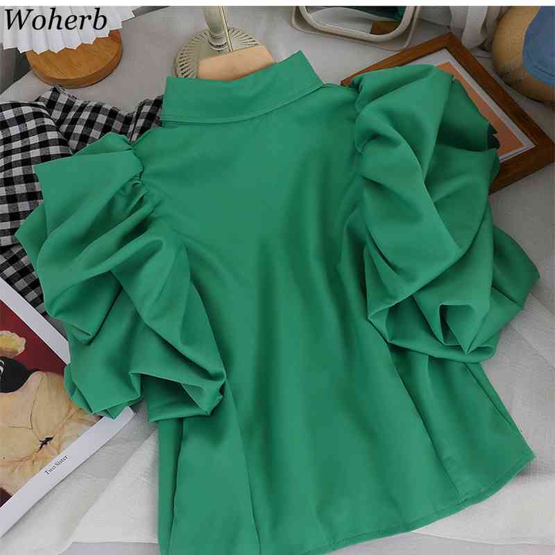 Vintage Ruffles Women Blouse Turn Down Collar Butterfly Short Sleeve Loose Shirts Elegant Chiffon Single Breasted Tops 210422
