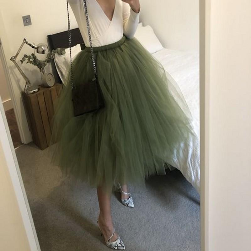 Skirts Skirts Custom Made Army Green Tulle Tutu Skirt For Women Knee Length Elastic Waist Midi 5 Layers Ball Gown Vintage
