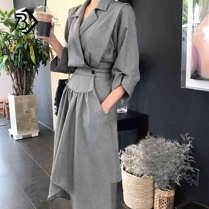 Spring Women High Waist Irregular Solid Dresse vintage Mid Long Dresses D01504M 210416