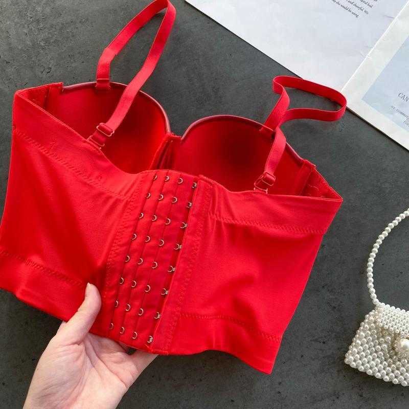 Gothic Synthetic Leather Bustier Corset Sexy Push up Bra Women Bralet Top Red Black Adjustable Strap Steampunk 210603