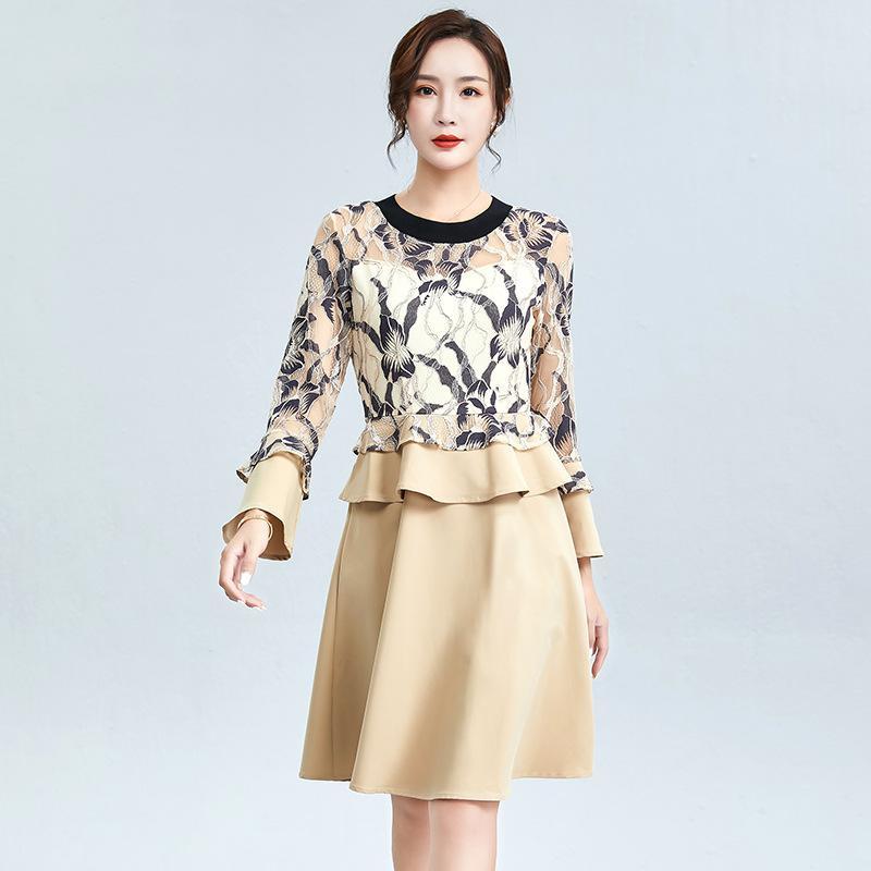 Women Print Dress Autumn O-neck Long Sleeve Fashion Lace Patchwork Plus Size Office Elegant Ladies Dresses Casual Midi