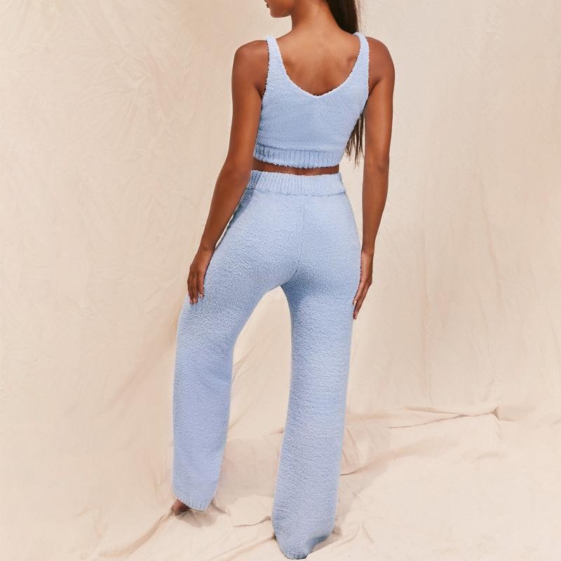 Women Sexy 2 Piece Fuzzy Plush Outfits V-Neck Backless Crop Top Long Pants Winter Sweater Solid Color Pajamas Loungewear Women's Tracksuits