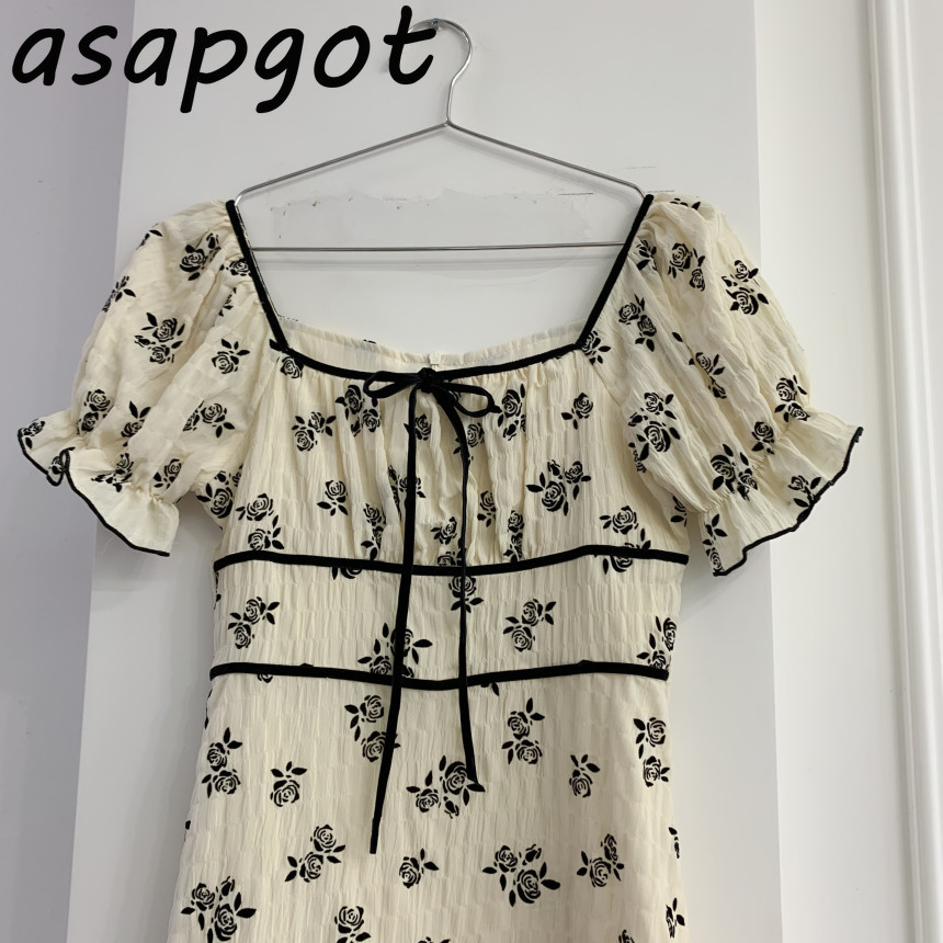 Korea Chic Elegant Retro Slim Square Neck Lace Up Flare Sleeve Floral Dress Women Mini Short Fairy Summer Fashion Vestido 210429