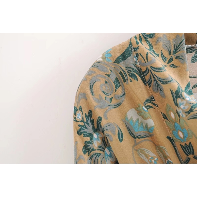 Bohemia Phoenix tail Flower Print Long Kimono Shirt BOHO Ethnic Women Lacing up Bow Sashes Cardigan Loose Blouse Tops 210429
