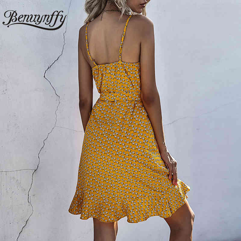 V-neck Spaghetti Strap Tie Waist Wrap Dresses Women Summer Beach Style Boho Print Sleeveless Ruffle Hem Cami Dress 210510