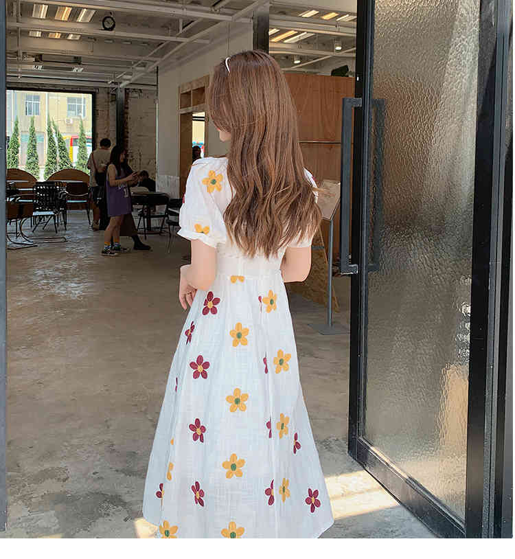 Women Dress Korean Summer Elegant Vintage White Embroidery Floral Puff Sleeve High Waist Slim Midi Dresses Femme Vestidos 210519
