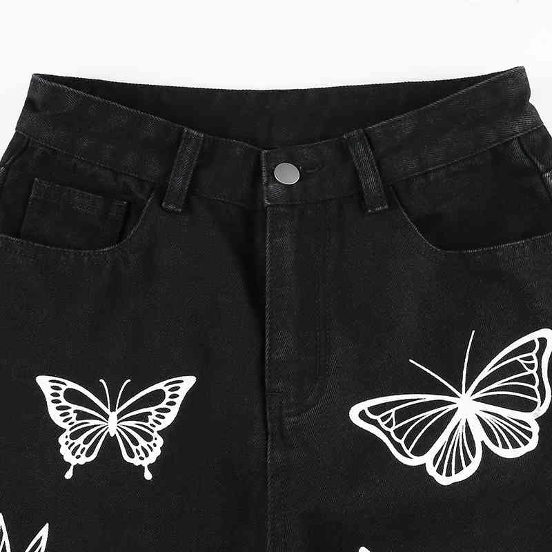 Women's Jeans Streetwear High Waist butterfly prited Vintage Straight Harajuku Denim Pants straight trousers 210524