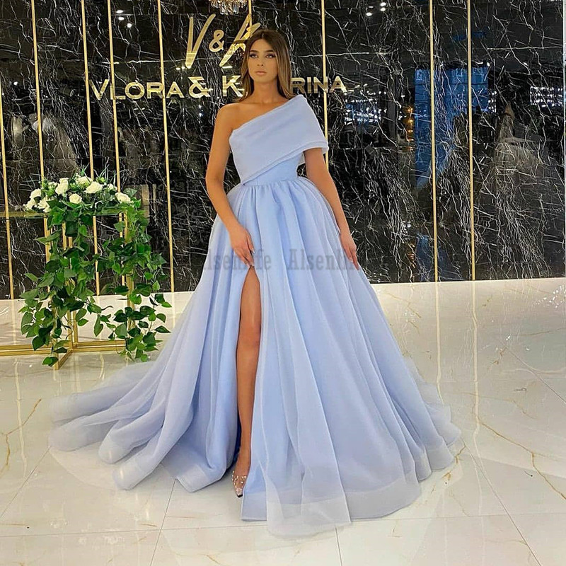 One Shoulder Prom Dress Sexy Side Split 2021 Tulle Green Saudi Arabic Vestido De Fiesta Boda Formal Party Wear