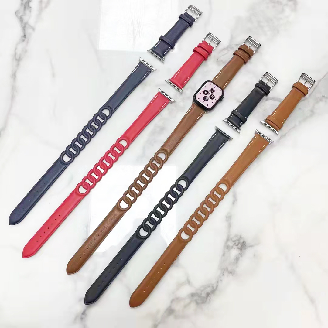 Gourmette Leather Double Tour Strap band Compatible with Watch 7 45mm 41mm correa 42 38mm bracelet iwatch series 6 5 4 3 Se 44mm 40mm