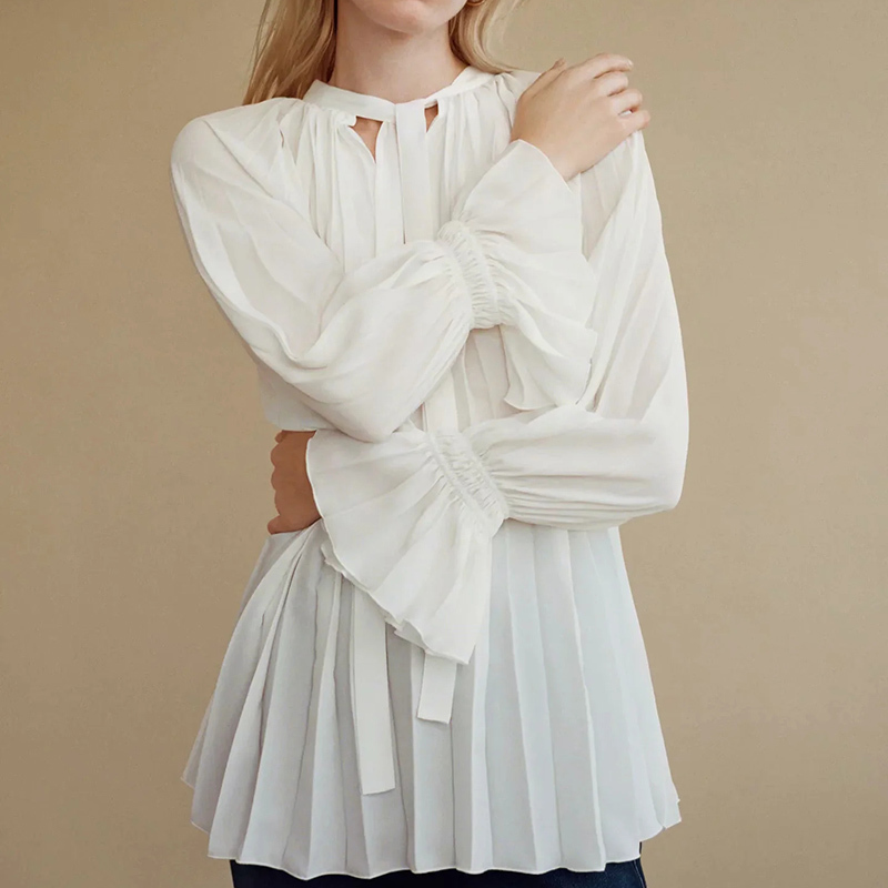 Women Fashion With Bow Tied Pleated Loose Blouses Vintage Long Sleeve Ruffled Cuffs Female Shirts Chic Tops 210520