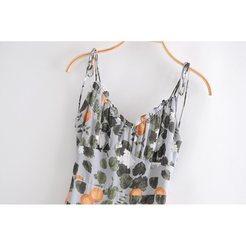 Holiday Summer Lemon Floral Print Sling Dress Sexy Sleeveless V Neck A-line Chiffon Long Spaghetti Strap Casual Beach 210429