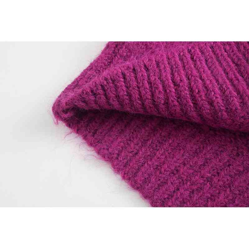 Stylish Women 3/4 Puff Sleeve Purple Cropped Cardigan Retro V neck Knitted High Waist Short Sweater Punk pull Korea Clothes 210429