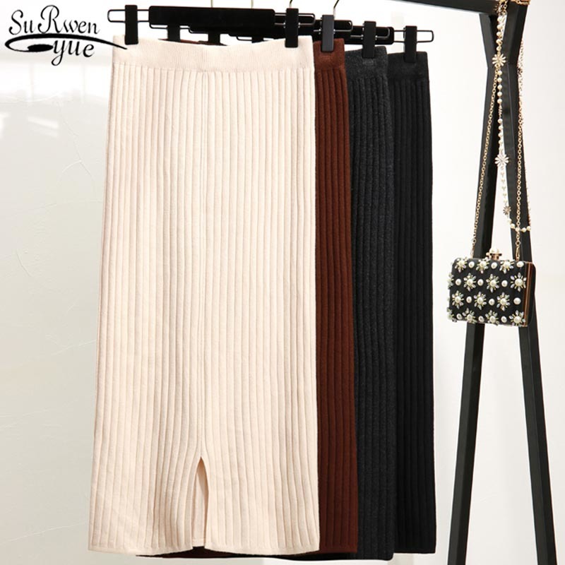 Solid Pleated Ladies Skirts Autumn Knitted Hip Women Office One-Step Winter Elastic High Waist Mid-Length 10369 210427