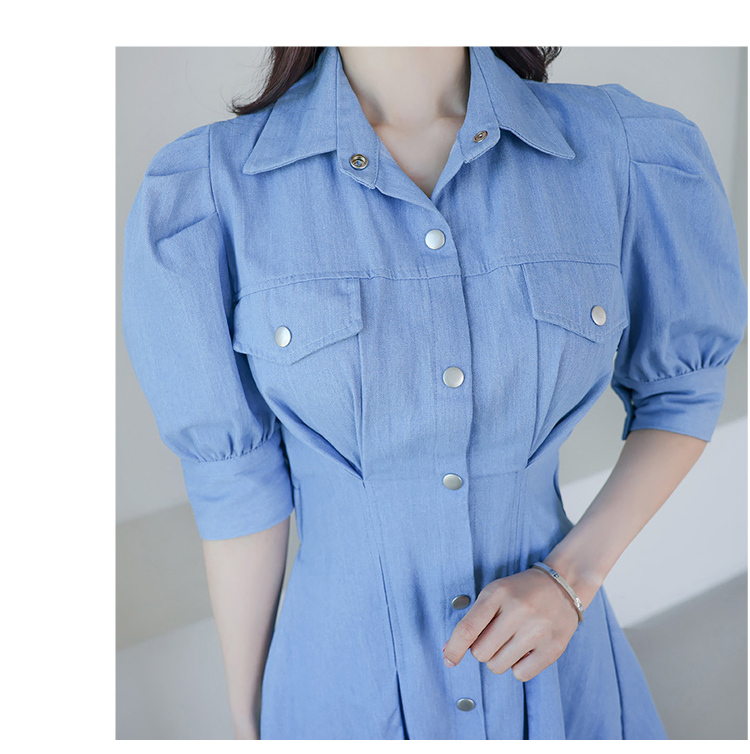 Korea Summer Fashion Denim Shirt Dress Women Elegant Lapel Puff Sleeve Casual Slim Mini Female 210519
