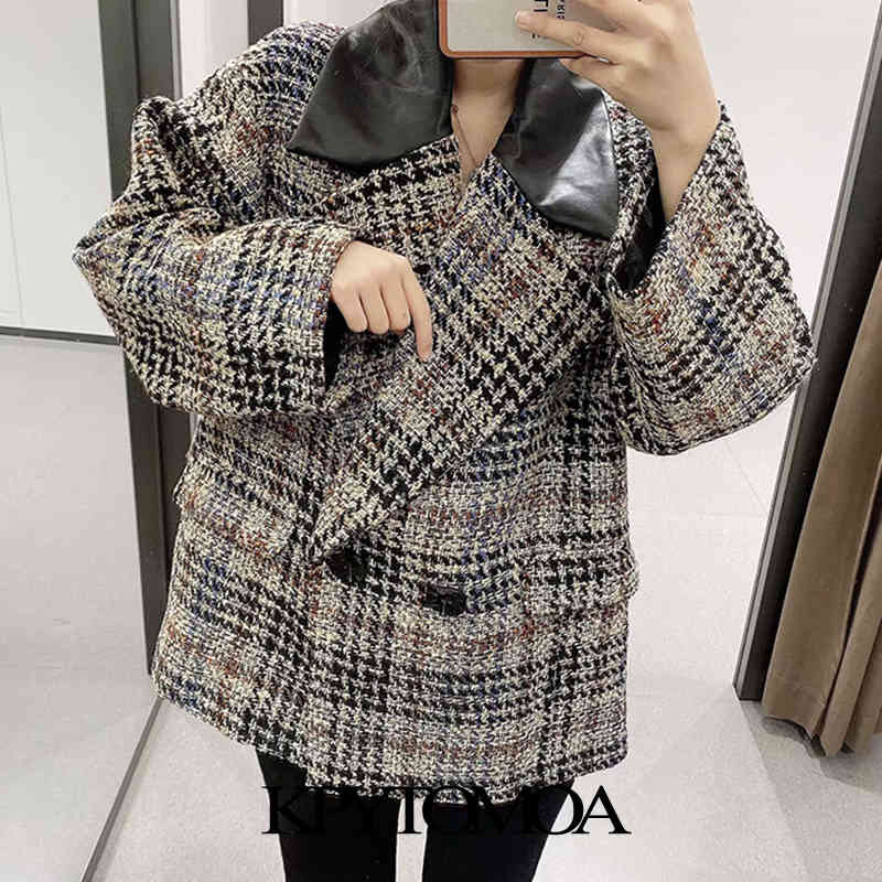 Women Fashion Patchwork Check Loose Tweed Blazers Coat Long Sleeve Pockets Female Outerwear Chic Tops 210420